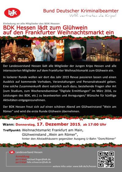 BDK Hessen lädt zum Glühwein auf den Frankfurter Weihnachtsmarkt ein BDK Hessen lädt zum Glühwein auf den Frankfurter Weihnachtsmarkt ein