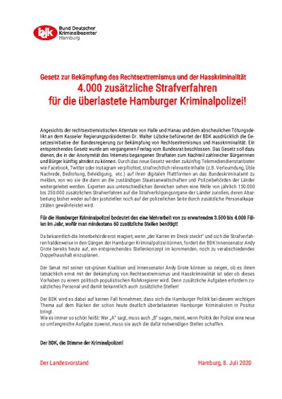 BDK Info: Gesetz zur Bekämpfung des Rechtsextremismus und der Hasskriminalität kommt - 4.000 zusätzliche Strafverfahren für die überlastete Hamburger Kriminalpolizei benötigt! BDK Info: Gesetz zur Bekämpfung des Rechtsextremismus und der Hasskriminalität kommt - 4.000 zusätzliche Strafverfahren für die überlastete Hamburger Kriminalpolizei benötigt!