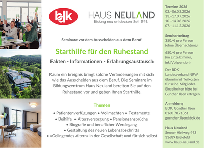 Gut vorbereitet in den Ruhestand – BDK NRW Seminare 2026 Gut vorbereitet in den Ruhestand – BDK NRW Seminare 2026