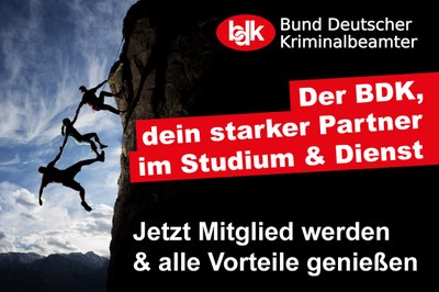 Kriminalkommissar-Anwärterinnen und -Anwärter: Jetzt Mitglied werden! Der BDK ist eure Berufsvertretung! Kriminalkommissar-Anwärterinnen und -Anwärter: Jetzt Mitglied werden! Der BDK ist eure Berufsvertretung!