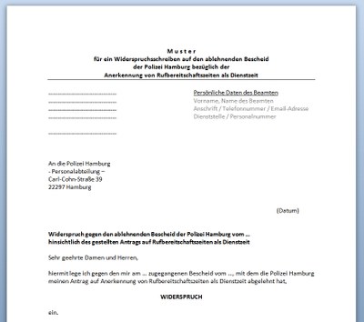 Musterwiderspruch i.S. Anerkennung der Rufbereitschaftszeiten als Dienstzeit Musterwiderspruch i.S. Anerkennung der Rufbereitschaftszeiten als Dienstzeit