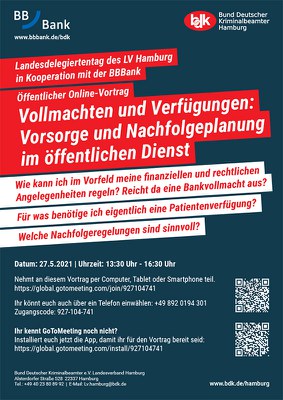 Öffentlicher Online-Vortrag: Vollmachten und Verfügungen, Vorsorge und Nachfolgeplanung im öffentlichen Dienst Öffentlicher Online-Vortrag: Vollmachten und Verfügungen, Vorsorge und Nachfolgeplanung im öffentlichen Dienst