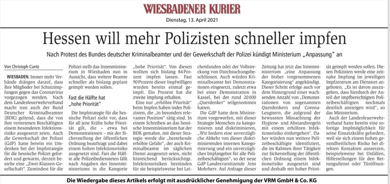 Protest des BDK Hessen erfolgreich - Impfstrategie wird ausgeweitet Protest des BDK Hessen erfolgreich - Impfstrategie wird ausgeweitet